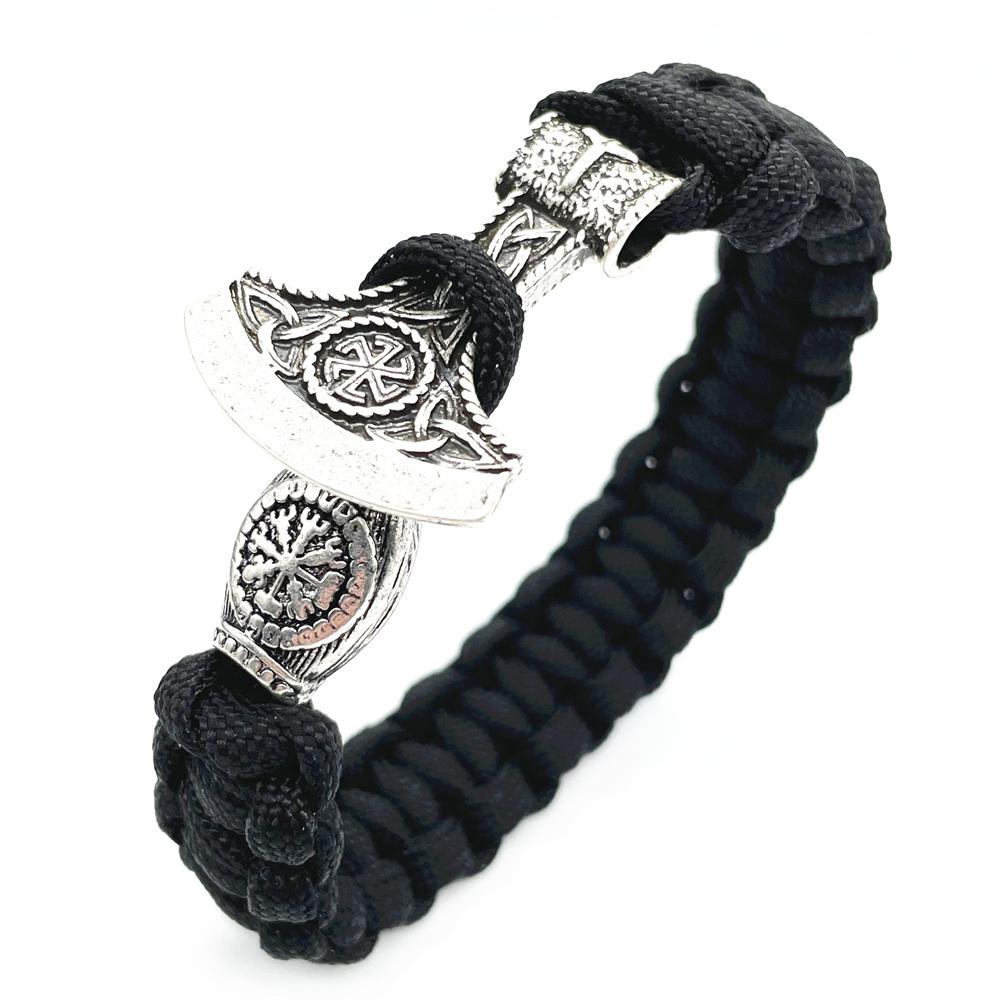 Slavic Perun Axe Charm Kolovrat Amulet Viking Runes Beads Mens Vikingos Bracelet Jewelry