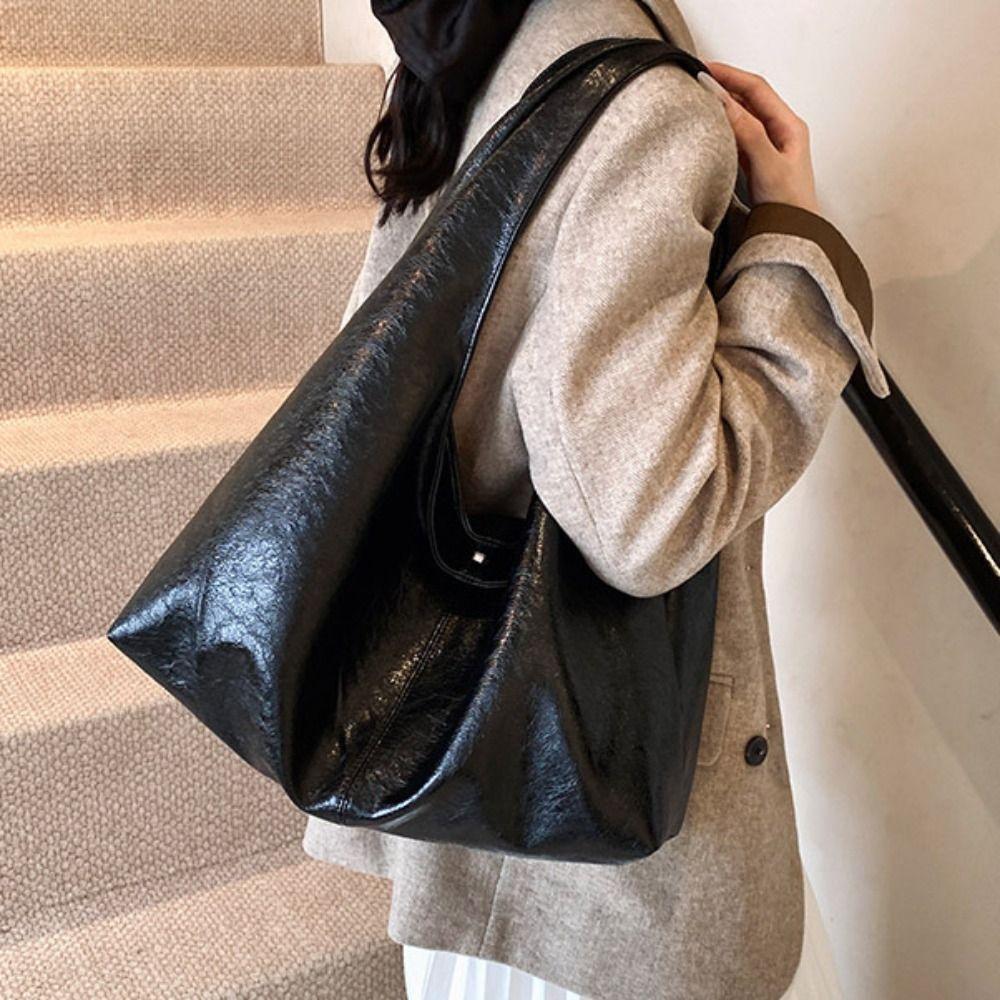 Solid Color Retro PU Tote Bag Tote Bag Underarm Packs Sweet Large Capacity Handbag  Office Worker