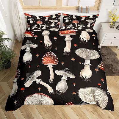 Wild Mushrom Beding Set King Quen Lovely Mushroms Warm Comforter Cover Kawai Fungus Soft Duvet Cover Carton Plant Leaves Comfortable Quilt Cover