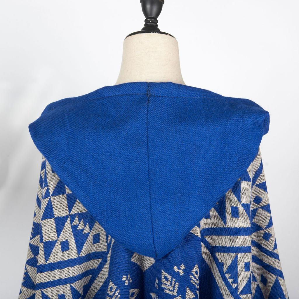 Geometric Double-Sided Knitted Cloak Blue Travel Exterior With High-End Large Cloak Women'S Air-Conditioned Room Thermal Cloak