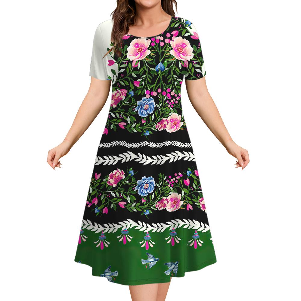Ethnic Style Women's A-line Skirt Summer Fashion Casual Dress Flower Clothes Ladies Loose Casual Round Neck Dress