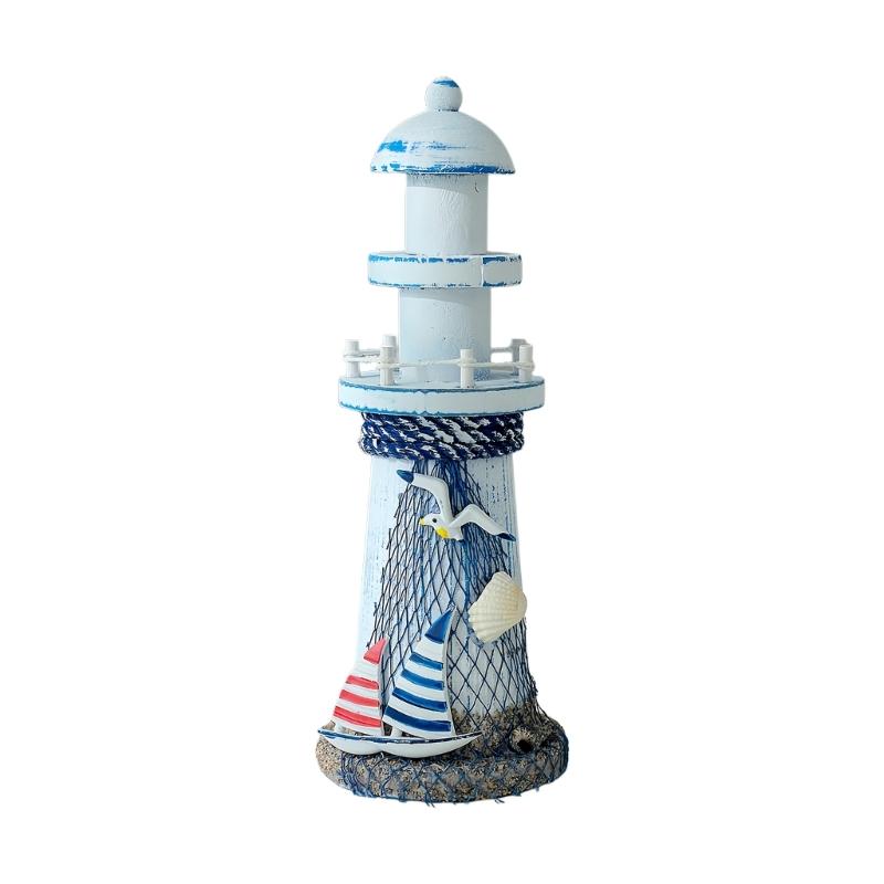 Wooden Lighthouse Decors Nauticals Theme Decors Lighthouse with Starfishs Fish Net Decors Decorative Ornament for Home Decors