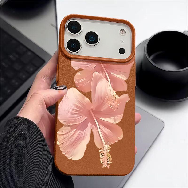 Pouzdro Pro iPhone 17 Pro Max Růžový vzor ibišku Kožená textura Silikonový kryt Pro iPhone 16 Pro Max 15 14 13 12 11 Air 16E