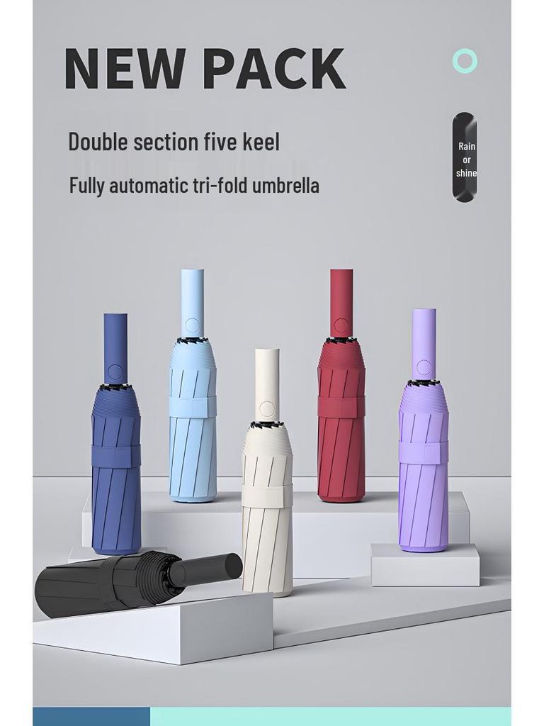 60-Bone Double-Rib Automatic Folding Umbrella: Black Sunshade & Rain Protection, Dual-Use for UV Sunscreen or Business Advertising.