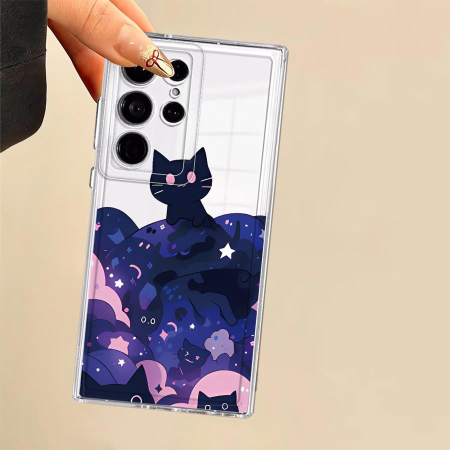 Phone Cover Case for Samsung Galaxy Note 20 Ultra 10 S23 Ultra S22 FE S26 S21 S24 S20 Plus S25 Edge Black Cat Starry Night