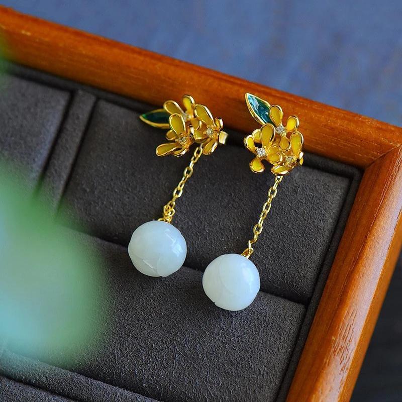 Original Design Inlaid Natural Hetian Jade Osmanthus Long Earrings For Women Chinese Style Classical Exquisite Jewelry