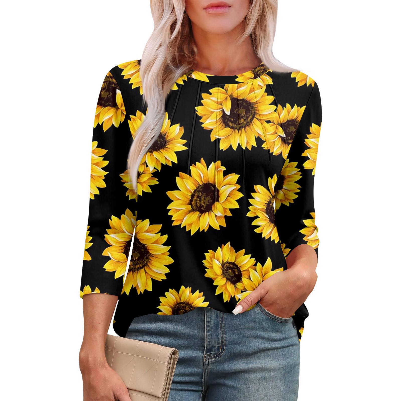 

Женский повседневный топ с круглым вырезом и принтом подсолнечника, плиссированный XL шафрановый