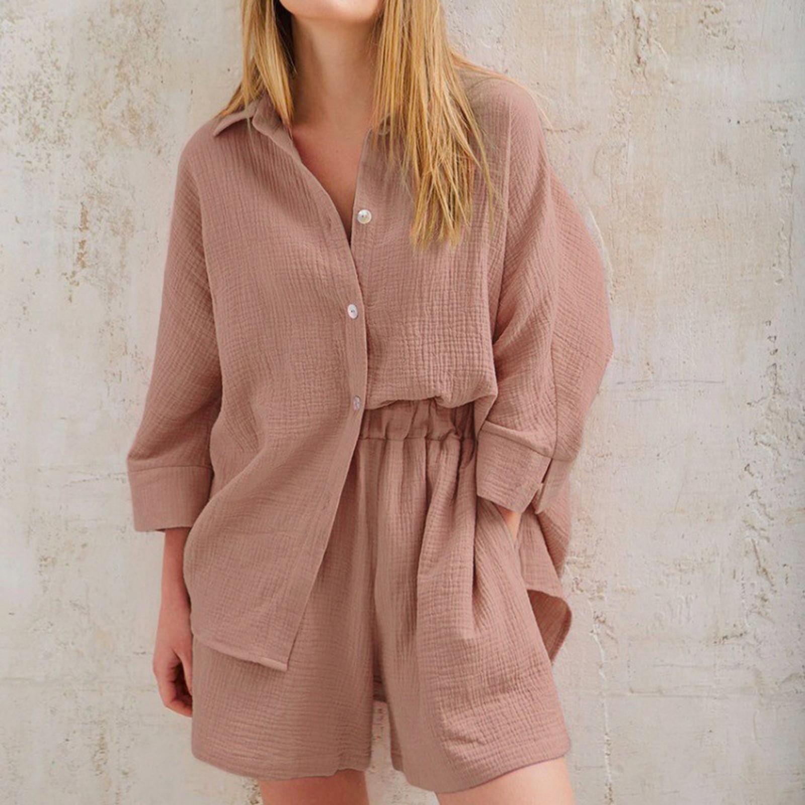 Женские хлопковые льняные пижамы с длинными рукавами — фото 11