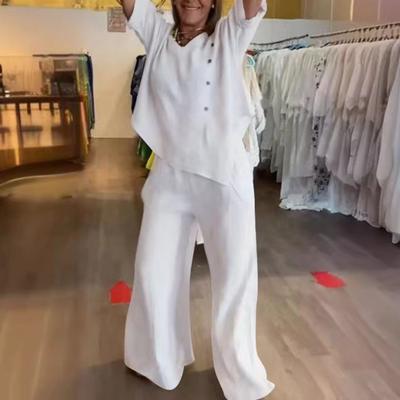 2 Pcs/Set Women Top Pants Set Solid Color Short Bat Sleeve O Neck Irregular Hem Top Wide Leg Loose Elastic Waist Trousers Casual Retro Lady Outfit
