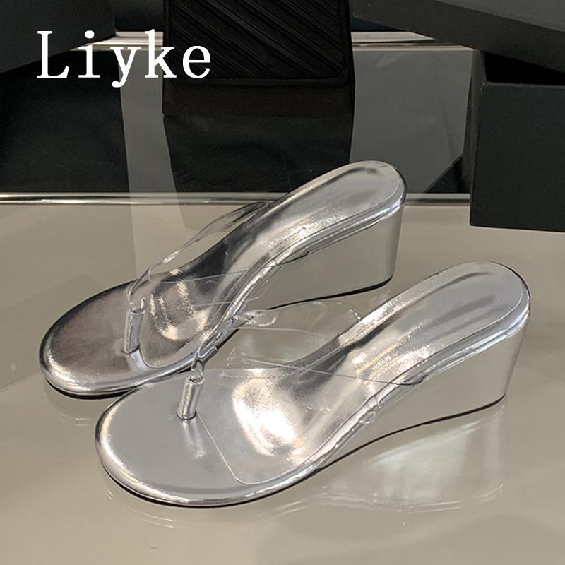 Fashion Liyke PVC Transparent Pinch Narrow Band Women Slippers Wedge Sandals Beach Party Mules Slides Shoes Summer High Heels Flip Flops