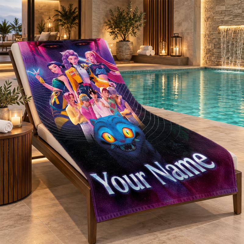 Custom Name KPop Demon Hunters Beach Towel Personalized Text Soft Towel Swimming Travel Bath Gift