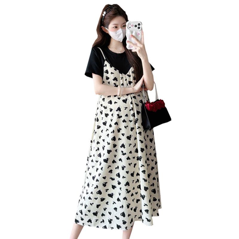 2026 Summer Heart Print Maternity Dress - Mid-Length Two-Piece Style