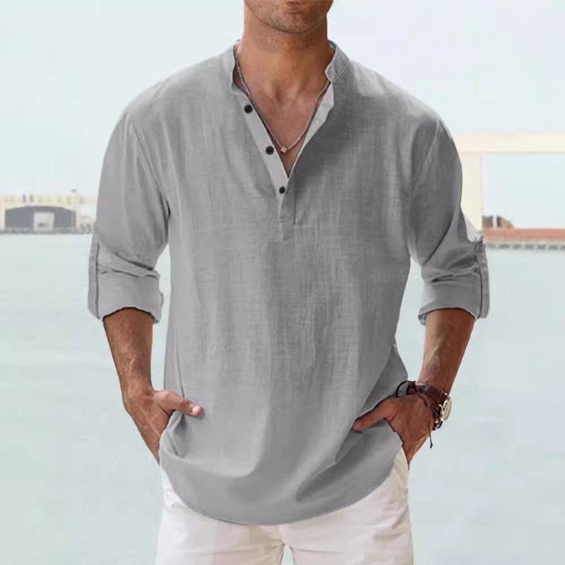 Men's Linen Stand-up Collar Long-sleeved T-shirt Loose Undershirt Solid Color Long-sleeved Cotton and Linen Shirt Men's