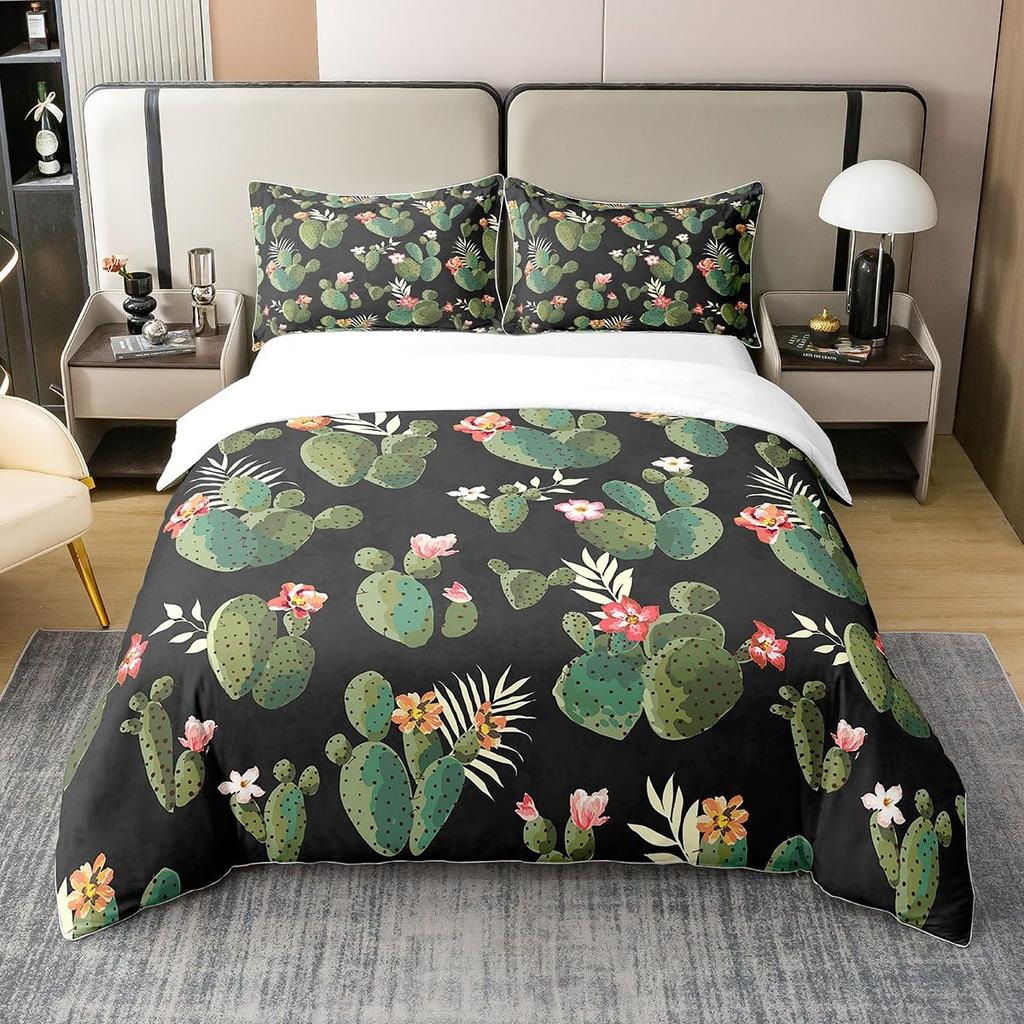 Green Cactus Bedding Sets 4 Pieces Soft Duvet Cover Set with Pillow Shames for Teen Girls Boys Men Women Bedroom Decor Vintage