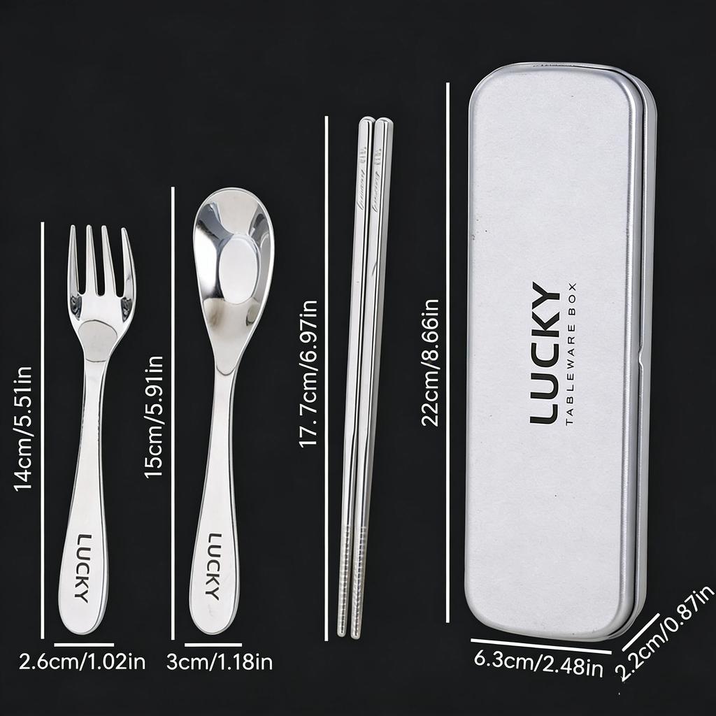 4Pcs/Set Portable Outdoor Cutlery 316 Stainless Steel Chopsticks Spoons Forks With Iron Box Cute Dinnerware Set For Student Kids