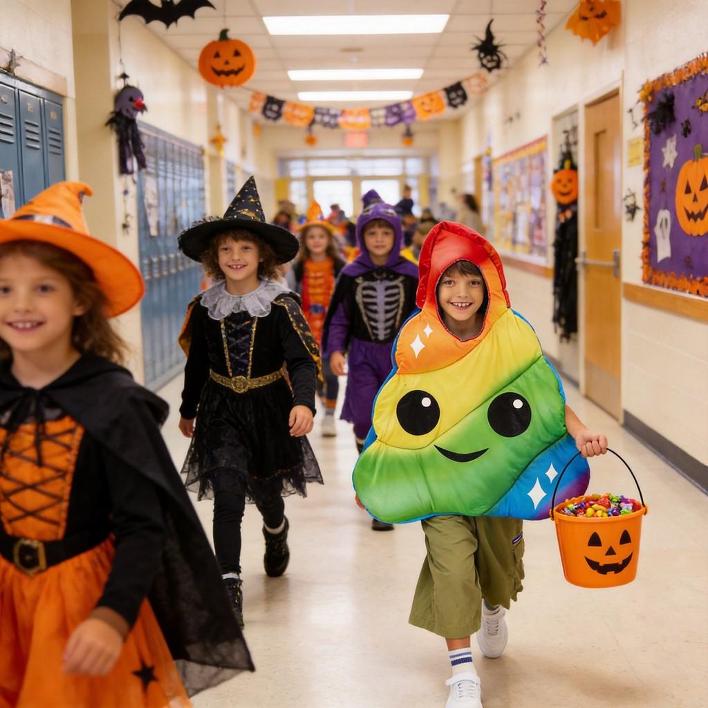Halloween Kids Costume With Colorful Poop Design For School Events And Festive Parties