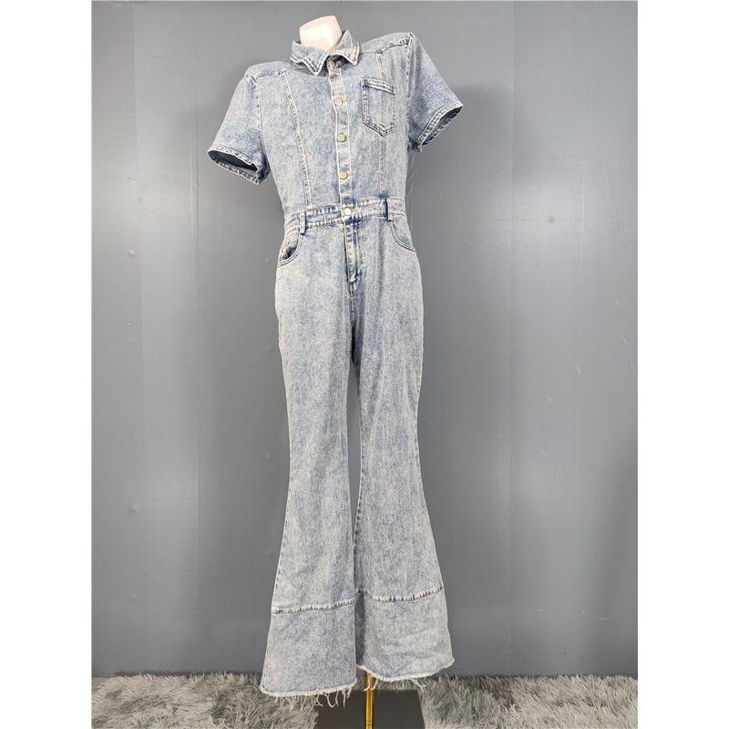 Single Adult Lady Like Woman Domineering Easiest for Match Tall Slim Looking Lapel Wash Denim Speaker Waist Trimming Short-Sleeved One-Piece Pants