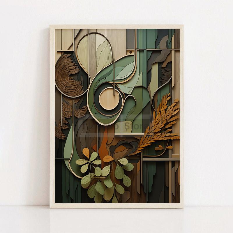 

Boho Wood Shapes Botanical Poster Earth Tones Prints Canvas Painting Wall Art Pictures Home Room Organic Textures Modern Decor 20x30cm No Frame