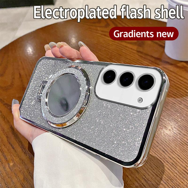 S24 Cute Mirror Glitter Silicone Case For Samsung Galaxy S24 Plus S24 Ultra Magnetic Bracket Simple Shockproof Back Cover S24 FE
