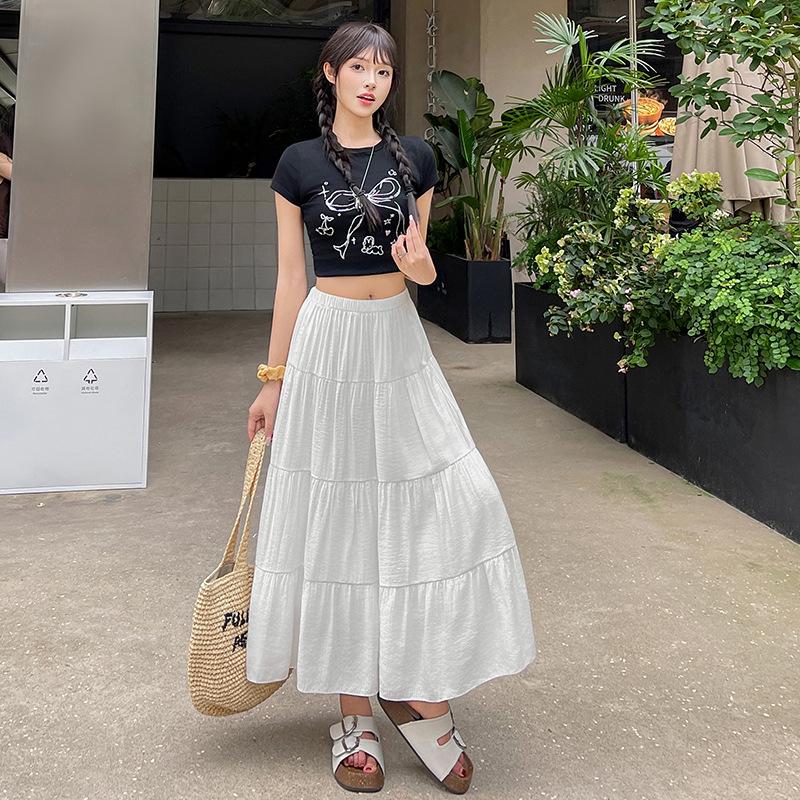 Women's White A-line Midi Skirt - 2025 Spring/Summer, Elastic High Waist, Slimming Long Fresh Style
