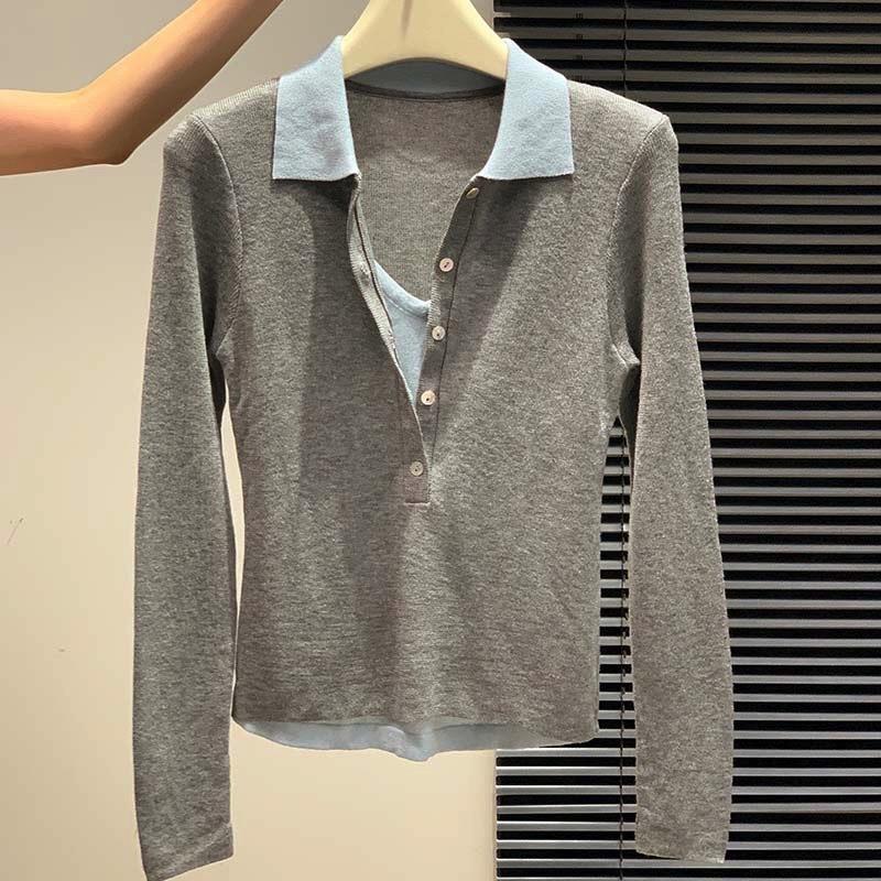 

Осень новый сращивание поддельный двухкомпонентный модный высококлассный темперамент отложной вязаный свитер One size серый