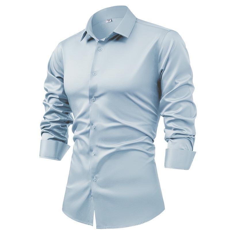 Men's Silk Satin Long Sleeve Button-Up Dress Shirt, Non-Iron Wrinkle-Resistant Business Casual Formal Top