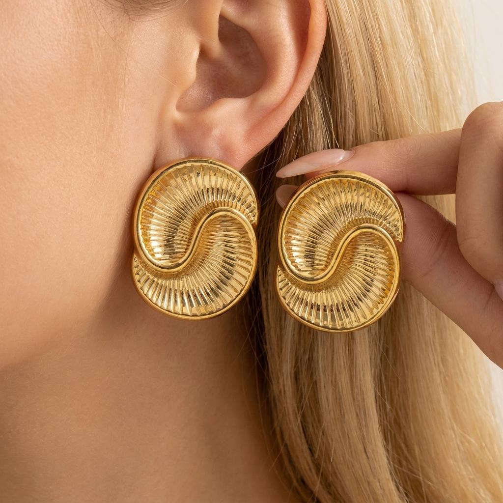 Stainless Steel Texture Geometric Spiral Stud Earrings for Women Vintage Gold Color Unusual Stud Earrings Trending Jewelry Gift