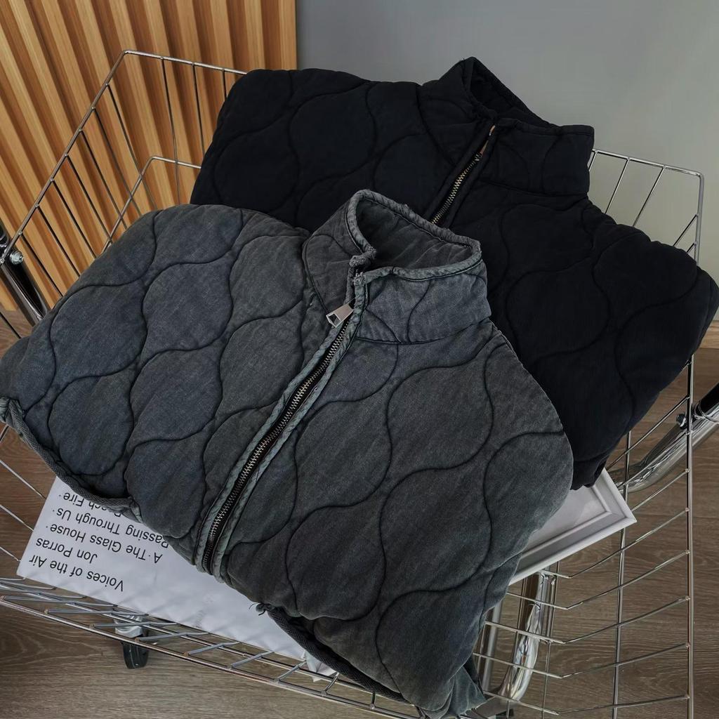 Autumn/Winter European & American Stand Collar Zipper Jacket with Large Pockets & Tie, Women's Long Sleeve Washed Cotton Coat