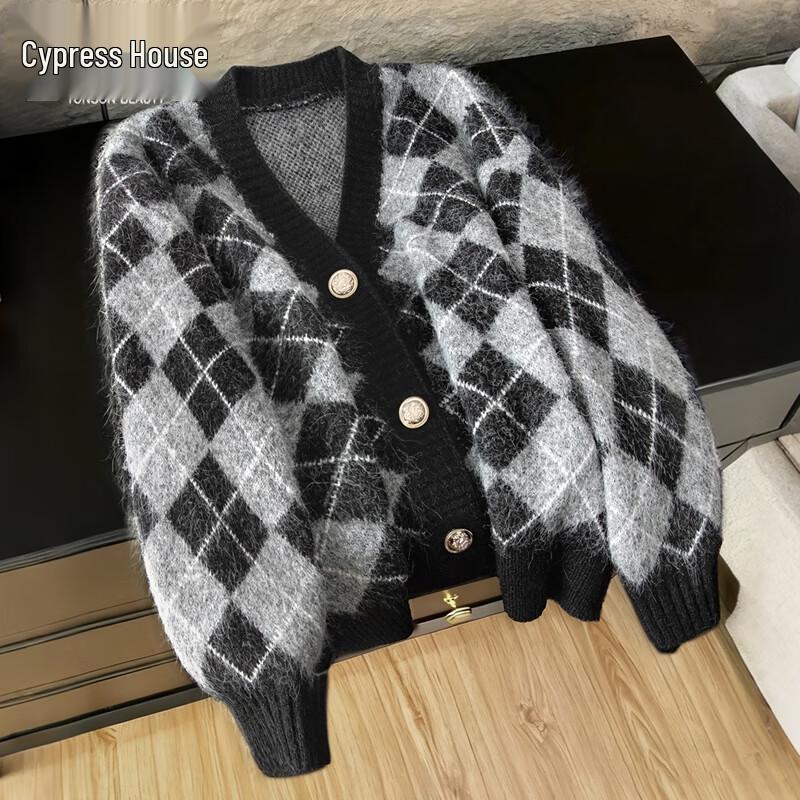 

Women s V-Neck Argyle Color Block Loose Knit Cardigan One Size