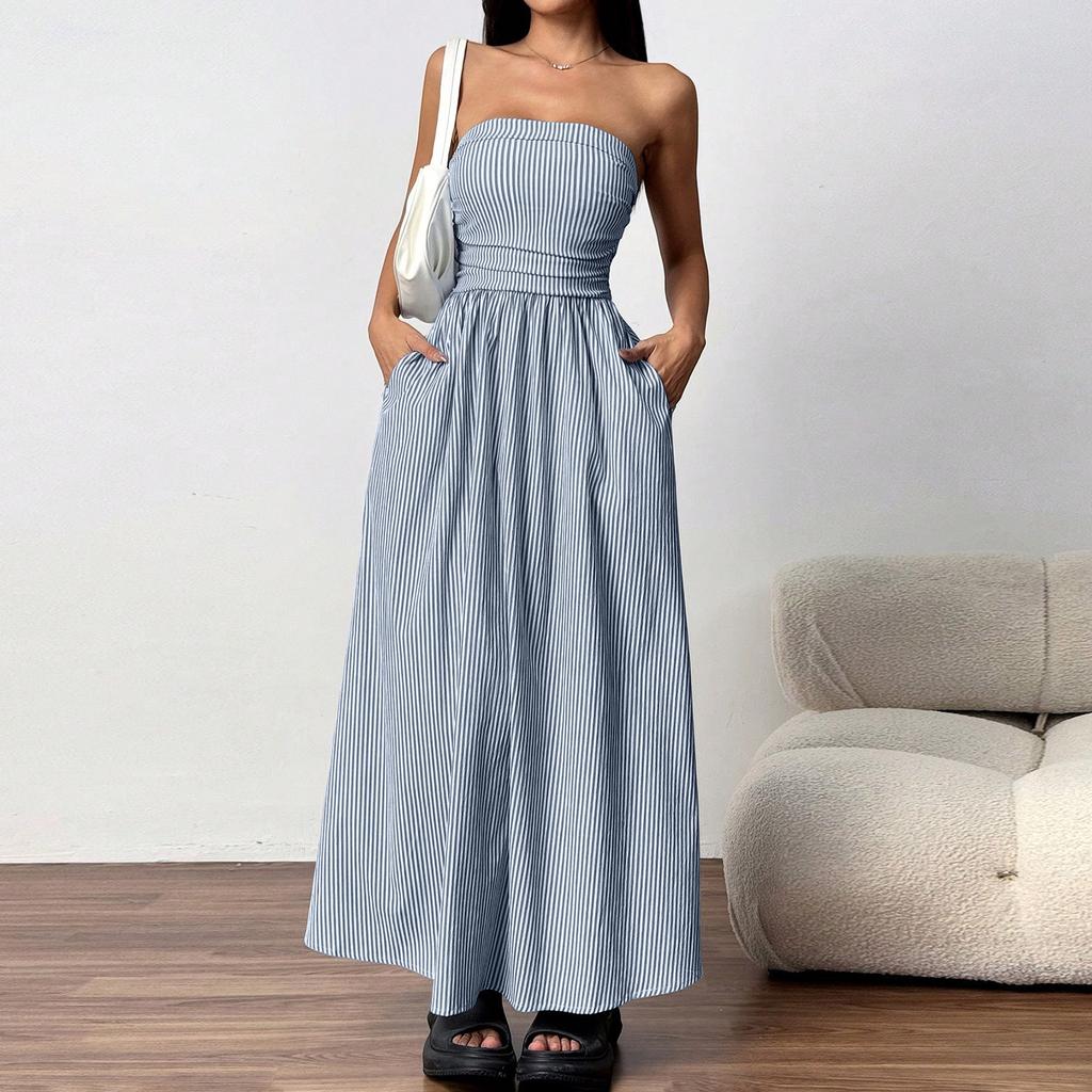 Women Strapless Maxi Dress with Pockets Casual Loose Fit Long Dress European Style Striped Print Sleeveless Sundress