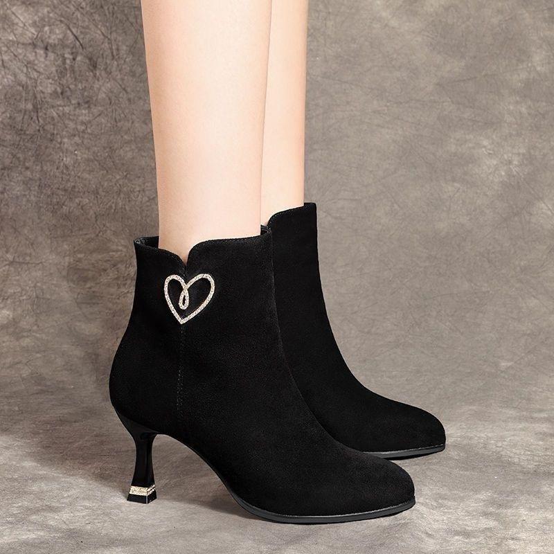 Women's Boots Fashion Pointed High-heeled Short Boots Women Suede Casual Ankle Boot Plush Warm Winter Boots Botas Invierno Mujer