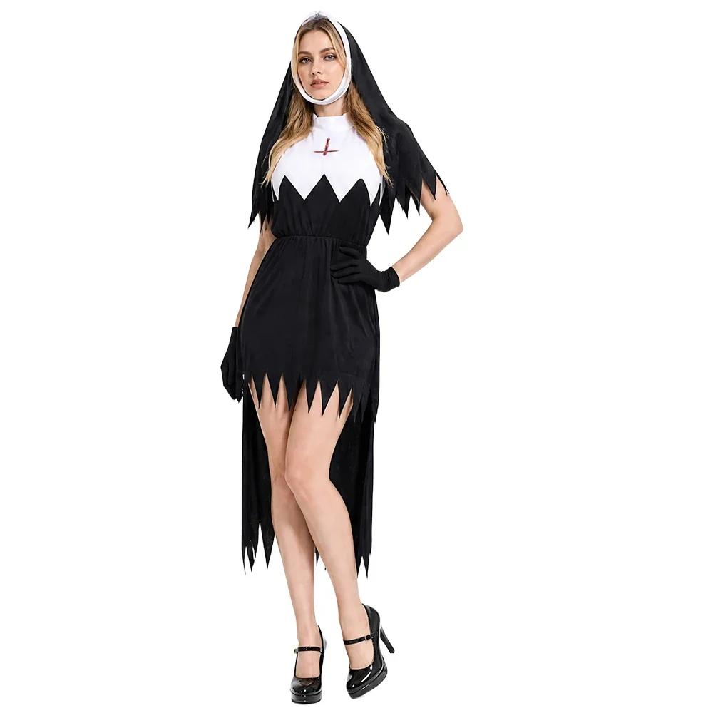 Halloween Adult Nun Dress Set with Headscarf, Retro Nun Cosplay Costume, Makeup, Dance Party, Stage Performance Costume