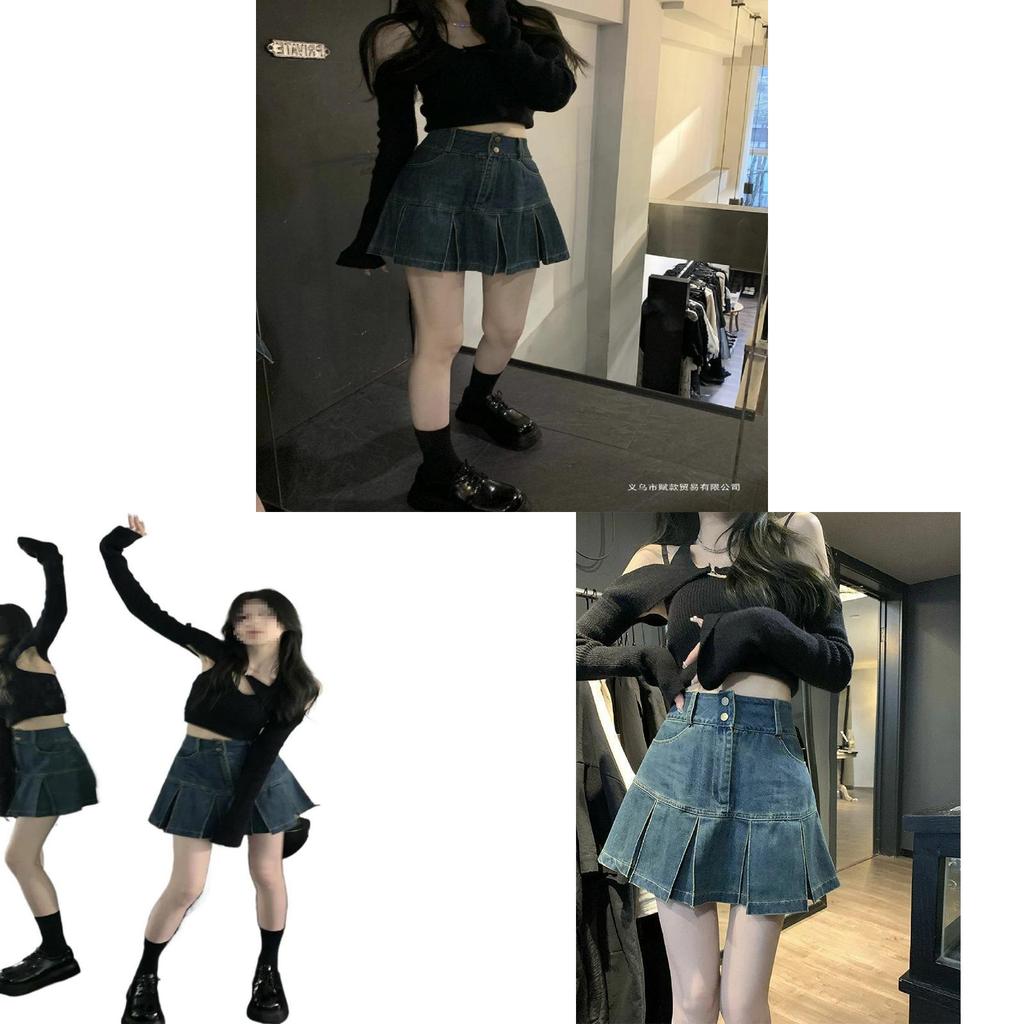 High Waist Pleated Denim Skirt With Button Detail For Summer Casual Wear