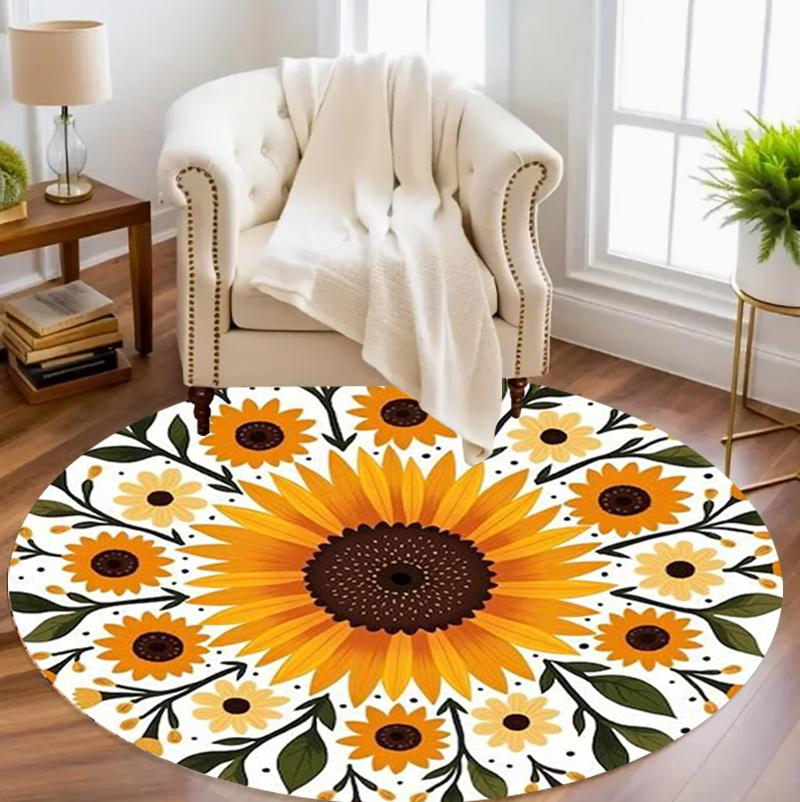 Realistic Sunflower Round Area Rug Vivid Floral Pattern Non-Slip Floor Carpet for Living Rooms Natural Home Decor Areas