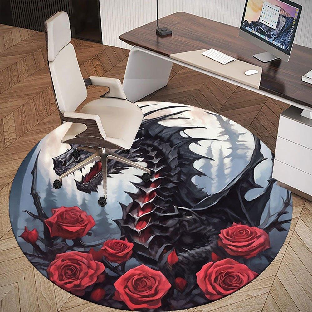 Black Dragon with Red Roses Circular Wall Art PrintRound Non-Slip chair mat chair carpet for office Rugs for Office Decor Gift For Valentine's Day Mot