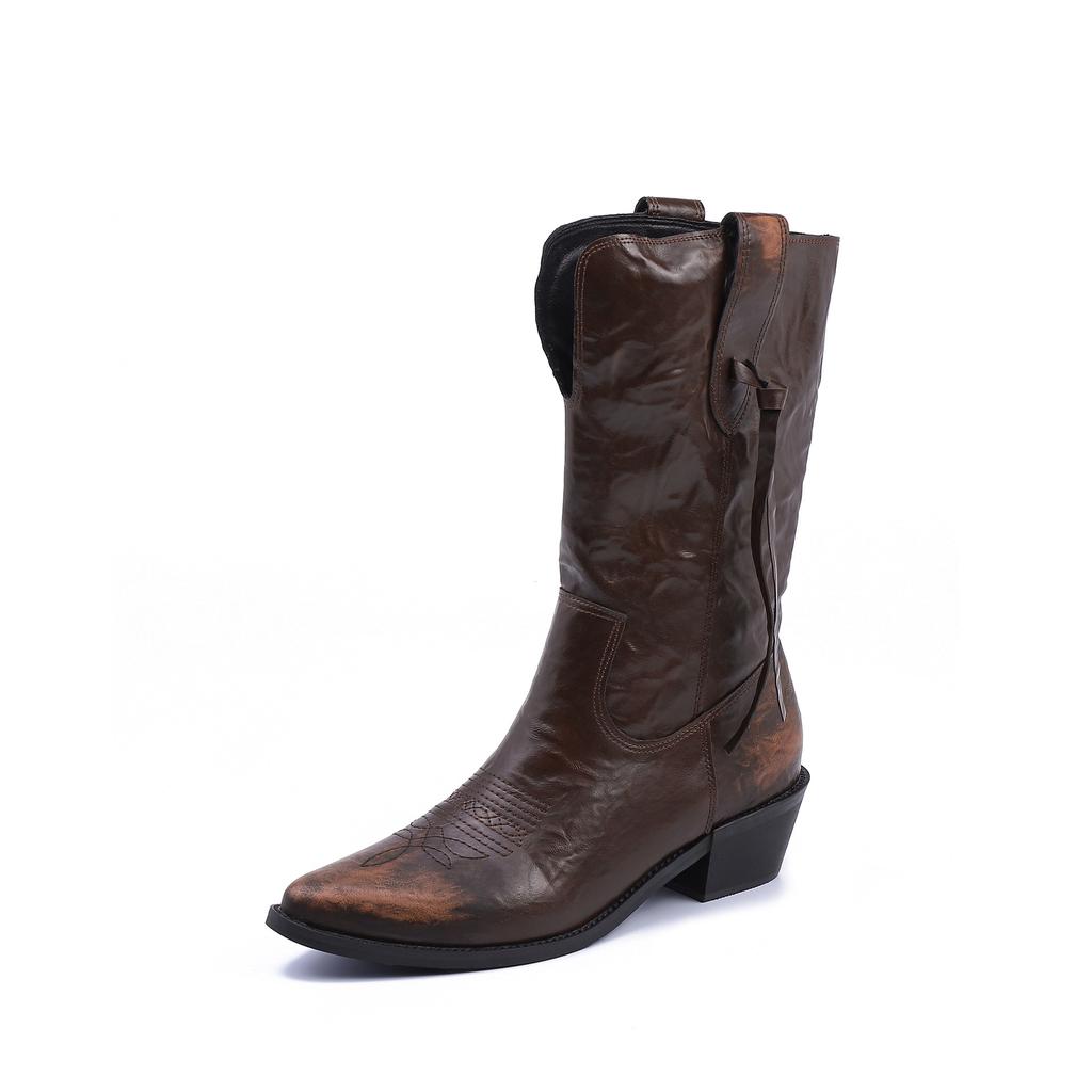 Polished Internet celebrity Western boots niche design sense embroidery pointed fashion boots women wear thick soles heightening women's boots