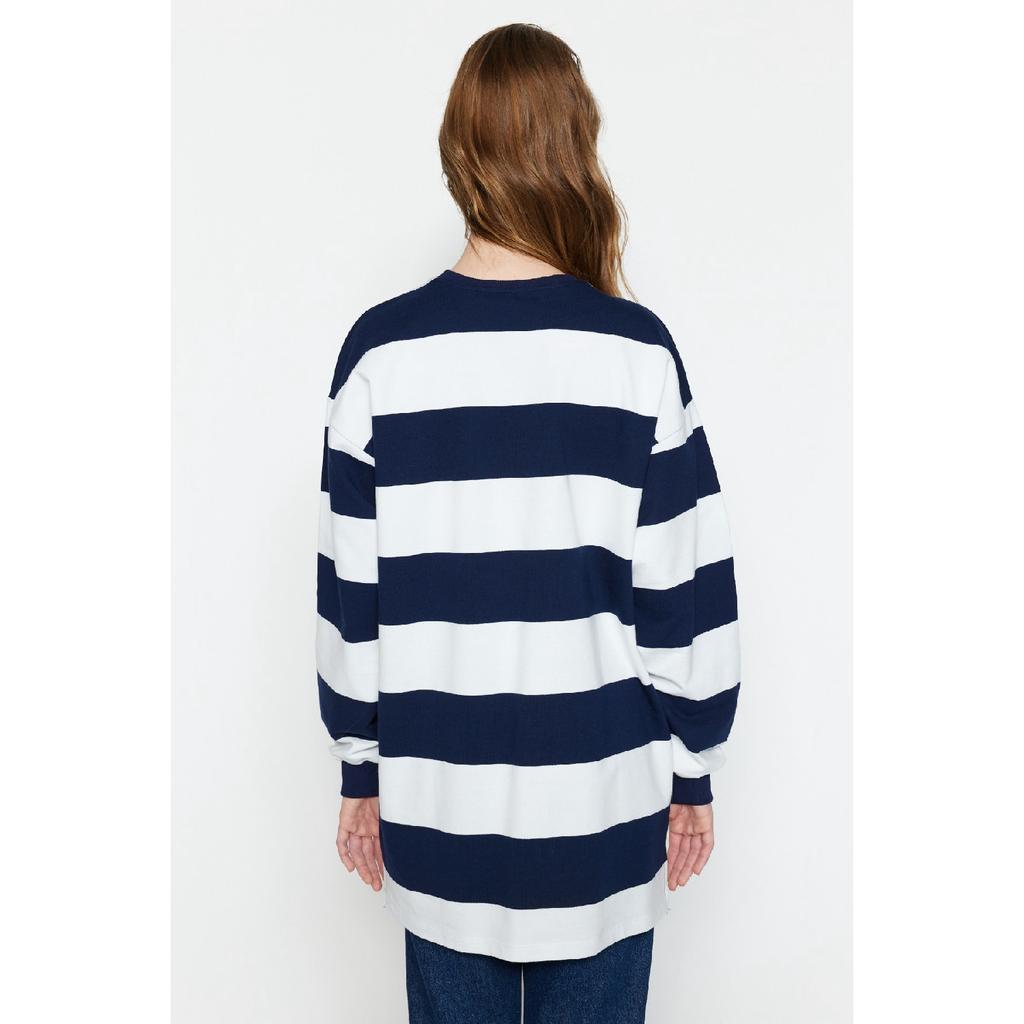 Navy Blue Striped Printed Knitted Tunic Tctss23uk00041