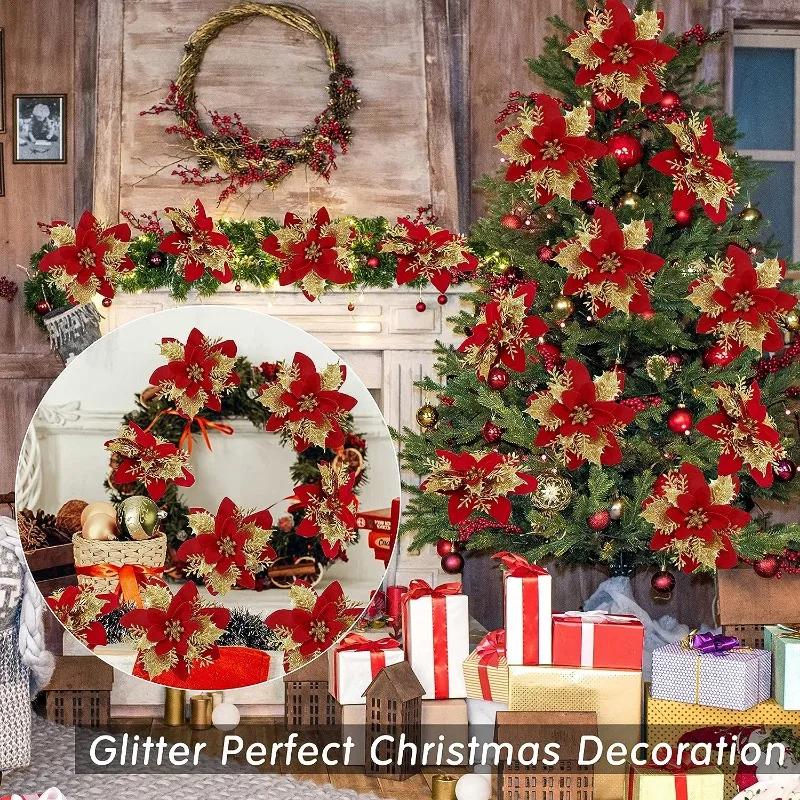 Christmas Artificial Flowers Gold Red Glitter Poinsettia with Clips Xmas Tree Ornaments DIY Wreath Wedding New Year Decorations