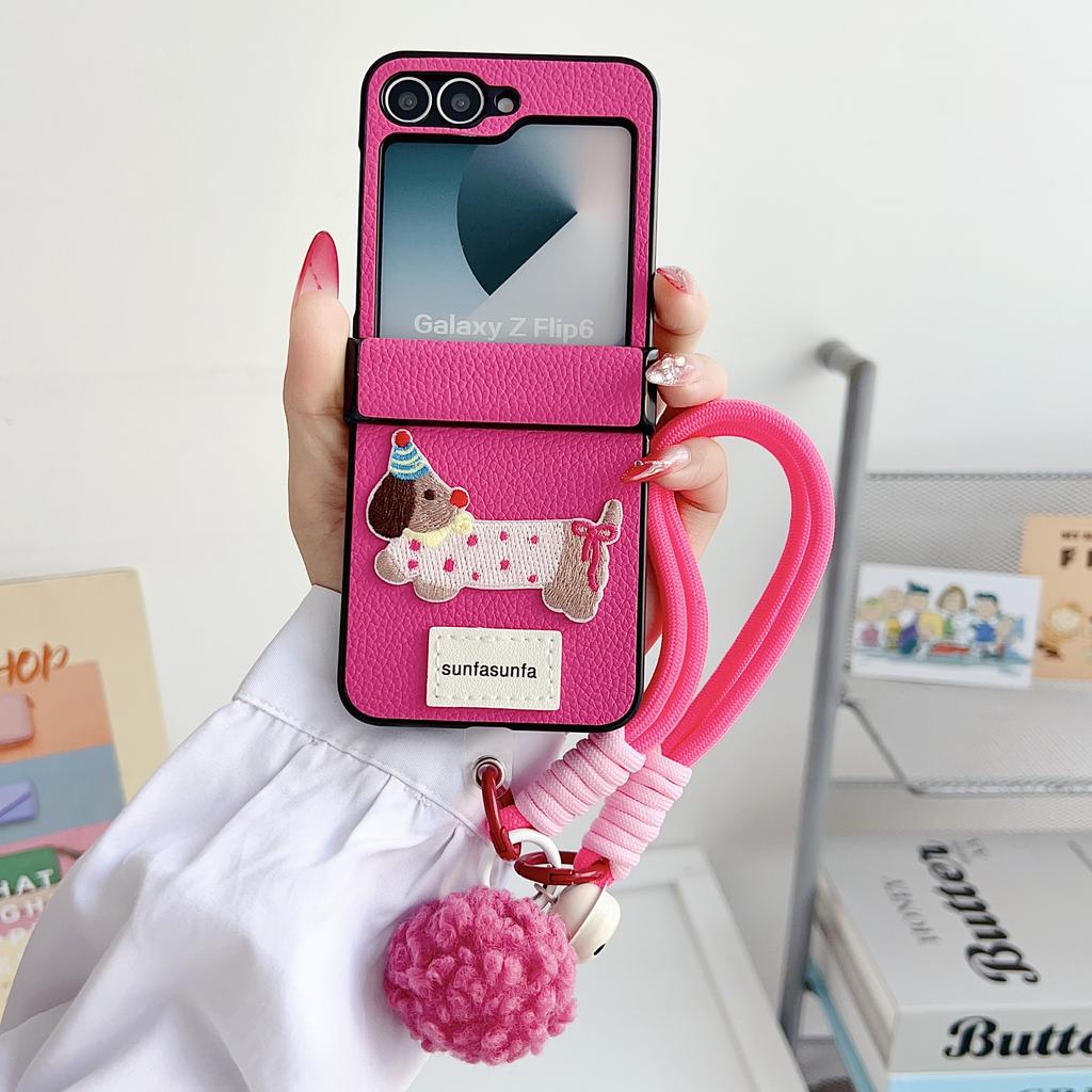 Cartoon PU Leather Phone Case for Samsung Galaxy Z Flip 6 5 4 3 Flip6 Flip5 Flip4 Flip3 5G Wrist Strap Hinge Protective Cover