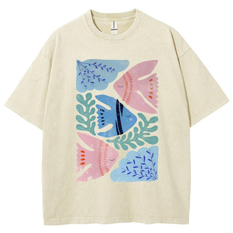 Cartoon Minimalist Feng Shui Grass Small Fish Print Women's T-Shirt Washed Loose Oversized Short Sleeve Vintage Tees