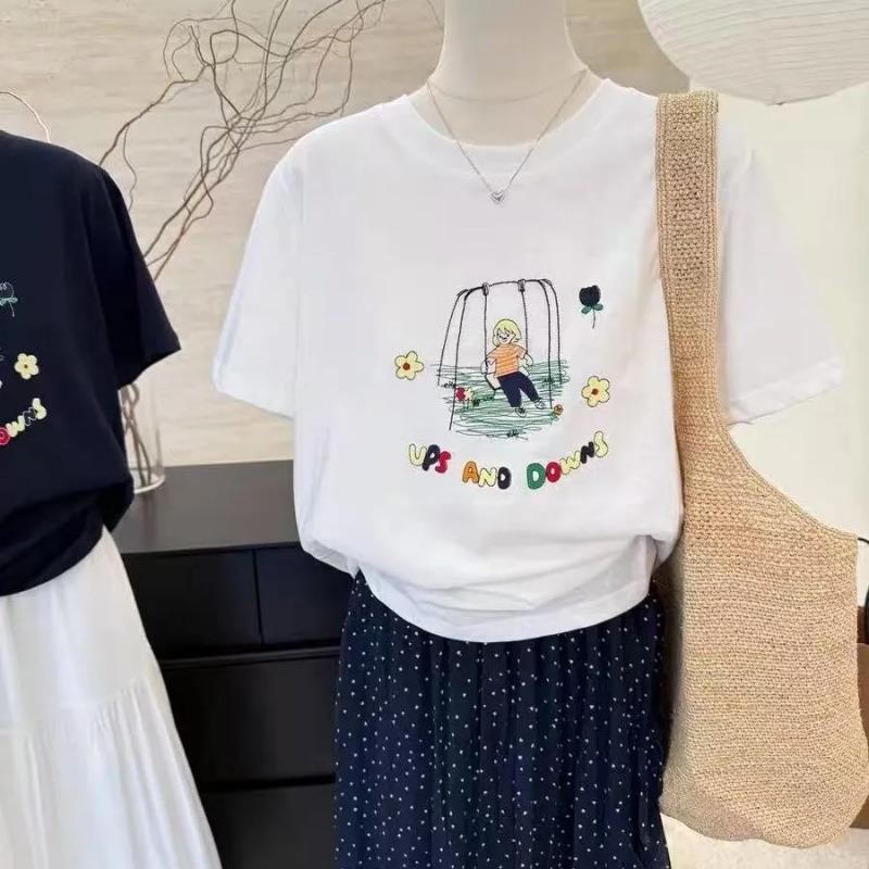 

Women s Embroidered Swing Girl Ups And Downs Crew Neck Short Sleeve T-Shirt M белый
