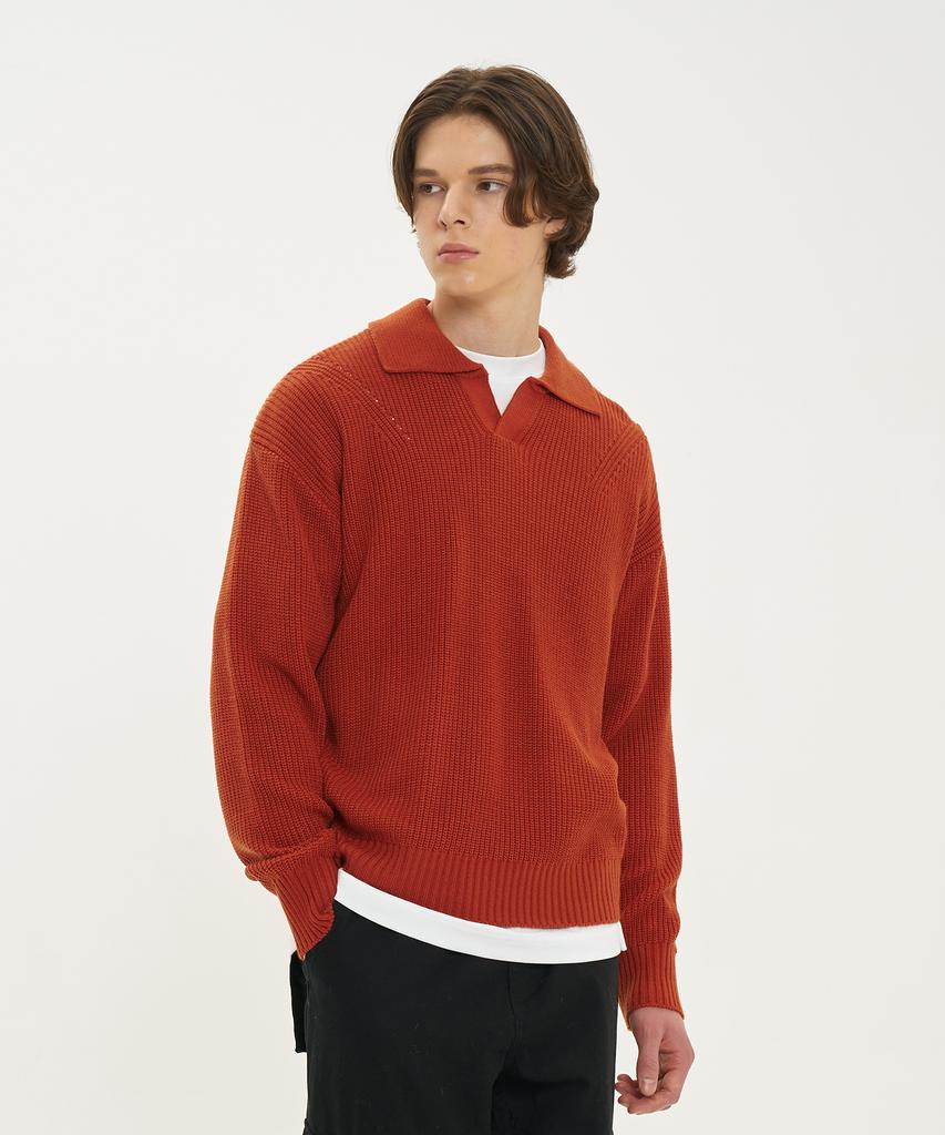 BLOND9 Shoulder Point Open Collar Rib Knit_Orange