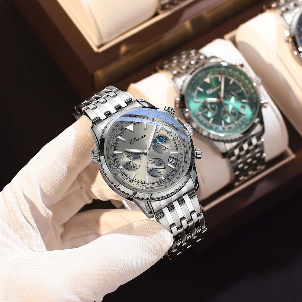 Chenxi Men's Quartz Watch Luminous Chronograph Calendar Waterproof Stainless Steel Strap Business Casual Men Watches