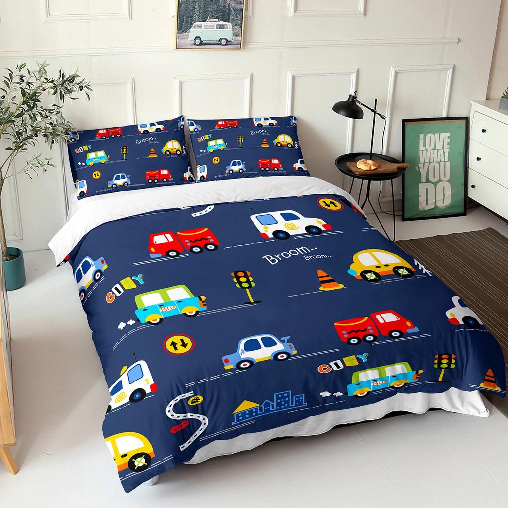 Cars Duvet Cover Kids Boys Cartoon Bedding Set 3 Pieces Soft Lightweight Microfiber Comforter Cover With Zipper Ties Pillowcases