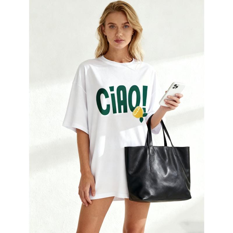 Oversized T Shirt Black Ciao Text And Lemon Print Casual Wear For Women