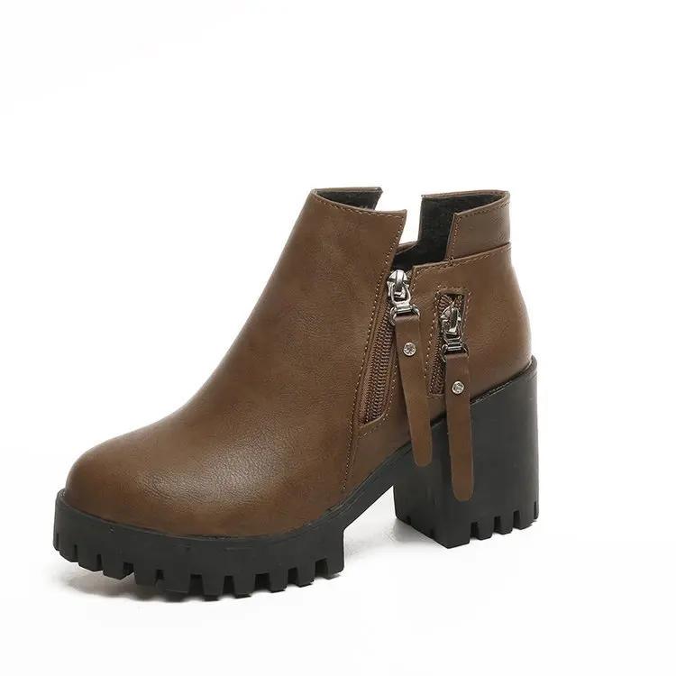 Fashion Comemore High Heels Ankle Boots for Women Spring New Fashion Thick Heel Pu Leather Platform Short Booties Ladies Zipper Botas