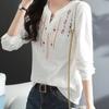 Bluzki damskie wiosna jesień topy damskie casual haft dekolt w serek długi rękaw vintage luźne bluzki topy