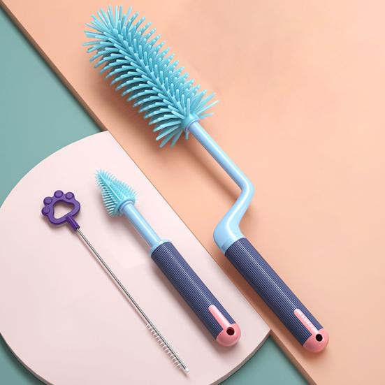 3Pcs/Set Bottle Brush Detachable Soft Liquid Silicone Head Infant Feeding Utensil Cleaner Non-Slip Handle Bottle Brush