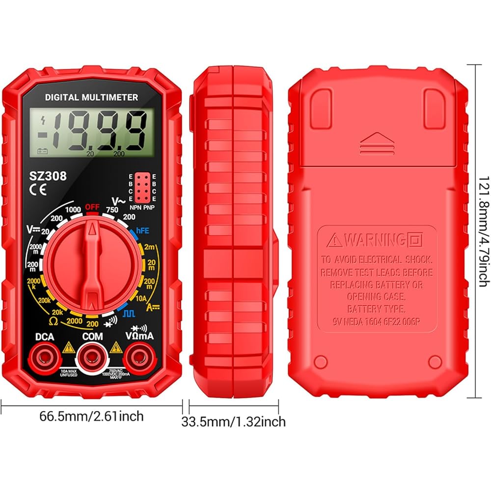 SZ308 Digital Multimeter 2000 Counts with Voltage, Current, Resistance Measurement and Backlit LCD Display