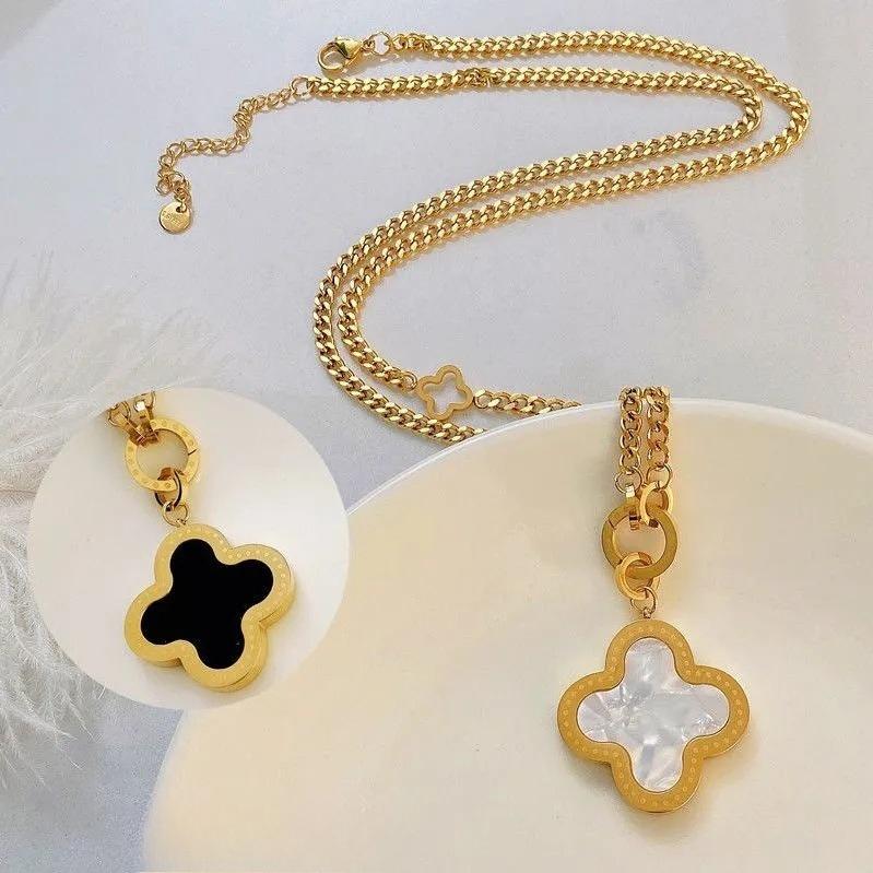 Stunning JMXD Titanium Steel Four Leaf Clover Pendant Sweater Chain Necklace High End Elegant Womens Fashion Jewelry Lucky Charm Gift Idea